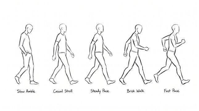Line art illustration showing a man walking at different speeds from slow to fast.