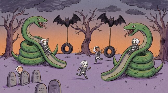 Vibrant Halloween Theme with Skeletons, Snakes, and Bats Playground