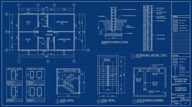 Detailed architectural blueprint showing floor plans and structural sections of a modern building.