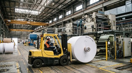 Fototapeta premium Adult male worker operating a forklift to move a heavy paper roll in a large industrial paper manufacturing factory