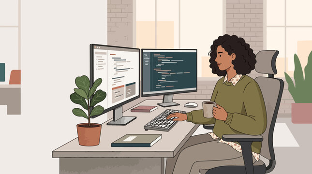Modern Illustration of a Black Female Software Developer Working on Dual Monitors in a Home Office