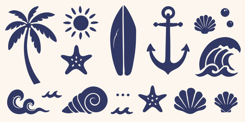 Fototapeta premium Nautical themed flat icons featuring palm trees