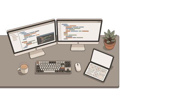 Minimalist Software Developer Workspace Illustration with Dual Monitors, Coding Screens, and UI/UX Design Tablet on Desk