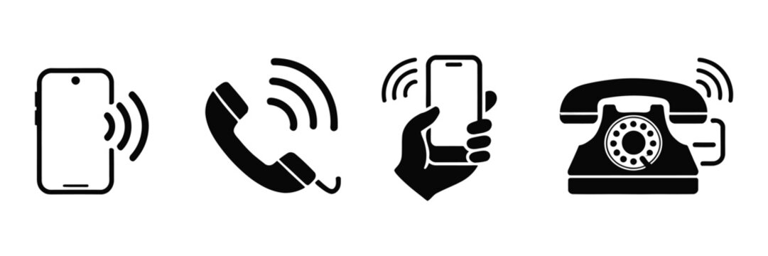 Ringing telephone icon set, black silhouette vector symbols featuring ringing phones and vibrating smartphones for calls, communication, alerts, notifications, and mobile technology, EPS10.  