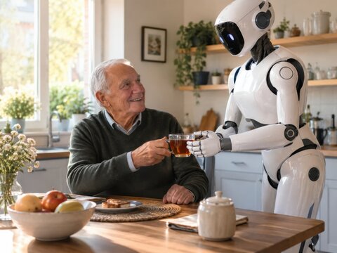 Humanoider Roboter reicht einem &auml;lteren Mann eine Tasse Tee am K&uuml;chentisch. Freundliche Hilfe im Alltag zeigt, wie moderne Technologie Senioren zuhause praktisch unterst&uuml;tzen kann.