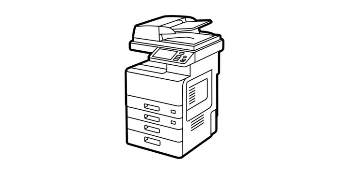 Black and white line art of a modern office copier machine
