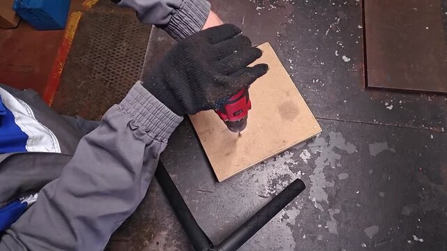 Power drill meets wood board in focused drill setup. Gloved worker holds sheet steady on rough bench, keeping tool aligned while forming clean opening in plywood during workshop drilling.