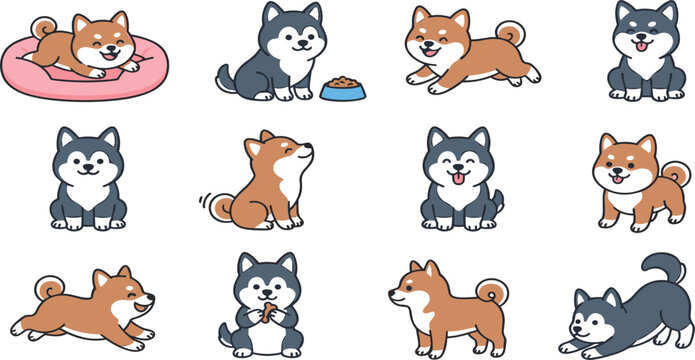 Comprehensive Shiba Inu and Siberian Husky Character Poses Asset Pack Featuring Running Puppies, Plush Dog Beds, and Playful Obedience Milestones