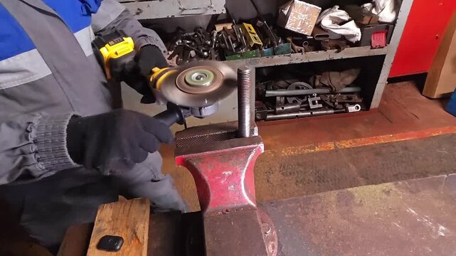Angle grinder smooths clamped metal in workshop. Gloved worker holds tool steady against vise mounted part, creating controlled metal grinding as spinning wheel trims surface and removes rough edges.