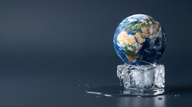 Earth globe balanced on a melting ice cube on a dark background, representing climate change, global warming, melting ice, environmental crisis and planet protection.