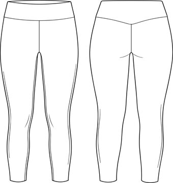 Women's activewear leggings technical flat sketch template with front and back views for fashion design