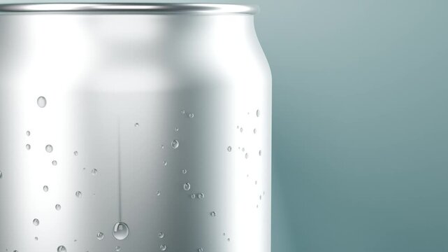 Water droplet sliding down a chilled aluminum can with condensation, macro 3D animation and copy space