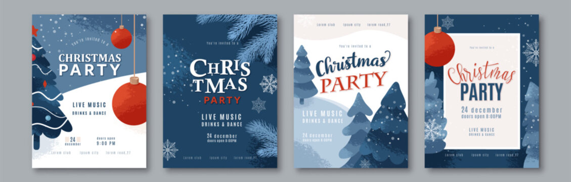 Christmas party invitation vector templates set with dark blue background, christmas trees, red baubles, snowflakes. Festive flyers, cards layout for winter holidays, events, celebrations