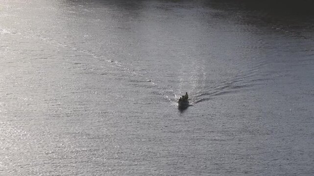 Aerial view of a boat on the river in Mandacaru, Brazil.