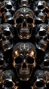 Pile of metallic skulls detailed with ornate patterns. Intricate gothic design crafted from silver and gold metals. Dark, detailed close up of human heads.