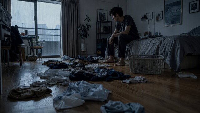 A Man's Melancholy Morning: A young man sits dejectedly on his bed amidst a scattered mess of clothes, the gloomy morning light filtering through the rainy window.