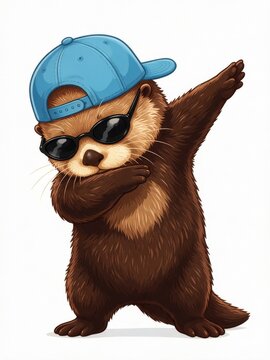 Otter wearing sunglasses and a blue baseball cap performs a dabbing dance pose.
