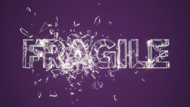 Transparent glass typography spelling FRAGILE shattering into pieces with sharp shards on a purple background