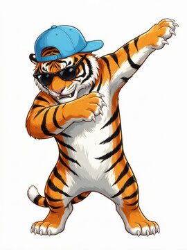 Tiger wearing a blue cap and sunglasses while performing a dabbing dance pose on a white background.
