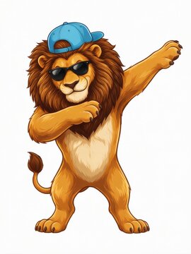 Lion wearing sunglasses and a blue baseball cap performs a dab dance pose on a white background.