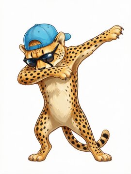 Cheetah sporting dark sunglasses and a backward blue cap performs a energetic dabbing motion on white.