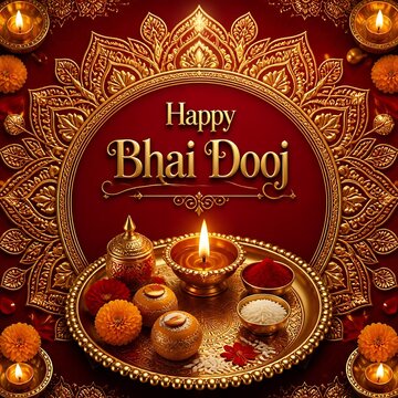 Elegant bhai dooj festival background with lit diyas and puja thali diya lamp festival