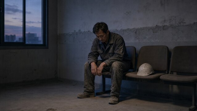 Worker's Solitude: A weary construction worker in worn overalls sits alone on a chair in a dimly lit room, his hard hat resting beside him.