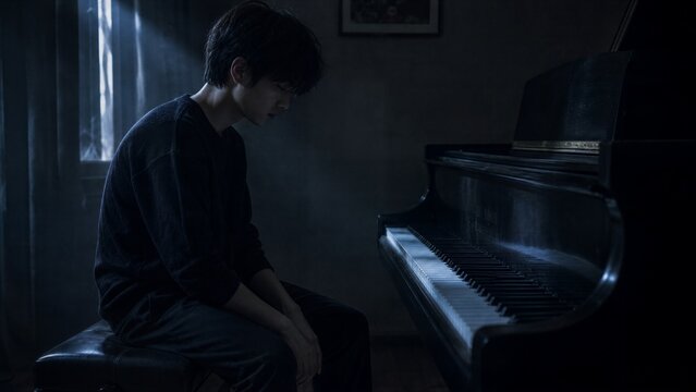 Melancholy Melody: A young man sits dejectedly at an old piano, bathed in the dim, moody light filtering through a window, as if lost in a somber tune or a moment of deep introspection.