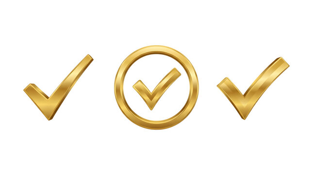 Golden check mark icons, a set of three luxurious 3D rendered gold approval symbols, perfect for success, quality, and validation graphics.