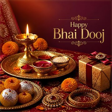 Traditional bhai dooj festival setup with oil lamp and sweets indian sweets lit diya
