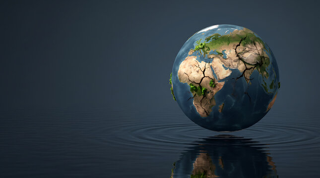 Earth globe with cracked dry land on a dark reflective surface, representing climate change, drought, global warming, environmental crisis and planetary risk.