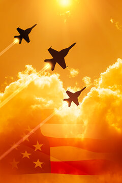 Air Force Day. Aircraft silhouettes on background of sunset with a transparent American flag. Vertical poster.