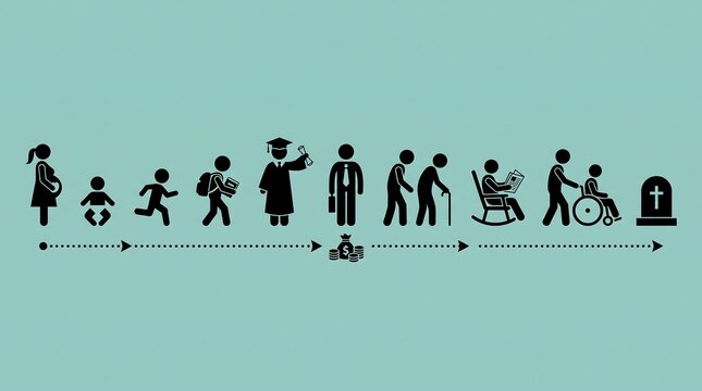 Human life cycle infographic with black silhouettes, aging process from birth to death, conceptual timeline of human development and mortality