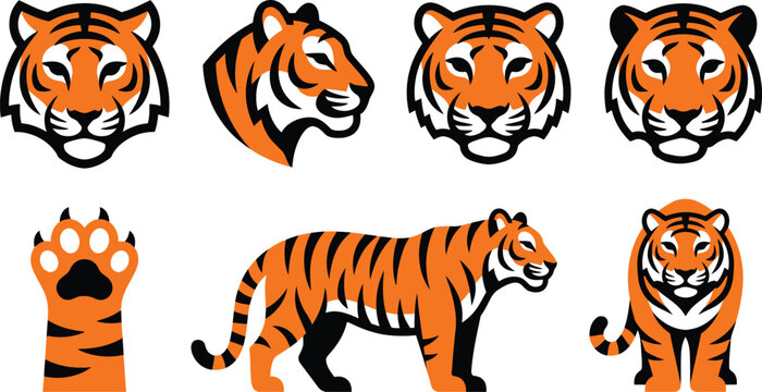 Tiger Mascot Logo Set, Flat Vector Illustration of Wild Big Cat Heads and Paws