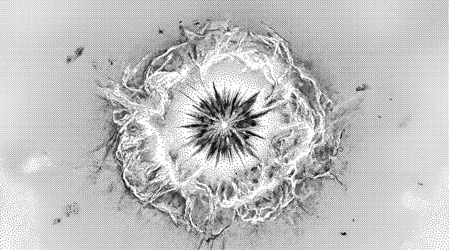 Cosmic supernova explosion releasing stellar shell into deep space illuminating universe with expanding nebula. Black and white stippling illustration created from countless individual dots. Vector 