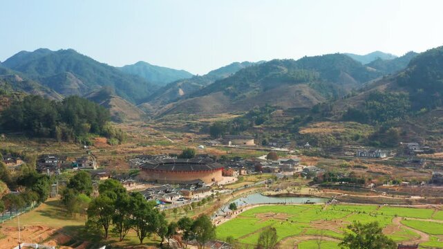 Traditional Tulou Buildings in Rural Mountainous Valley of Fujian, China
