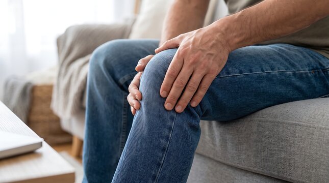 Chronic knee pain and joint inflammation, man holding painful leg on sofa, orthopedic injury and arthritis concept for healthcare and medical use