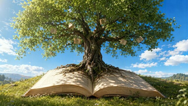 Tree of Knowledge: A magnificent tree, rooted in an open book, symbolizes the profound connection between nature and learning, reaching towards a clear blue sky dotted with fluffy clouds.