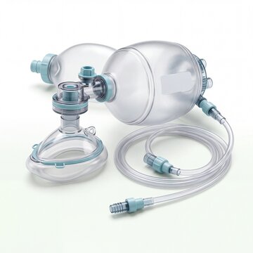 Medical manual resuscitator bag valve mask for emergency ventilation and respiratory support.