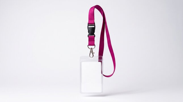 Magenta lanyard with blank ID card holder, professional neck strap for corporate events, empty plastic badge mockup on white background