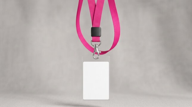 Pink lanyard with blank ID card mockup, hanging plastic badge holder on grey background, corporate identification tag for events