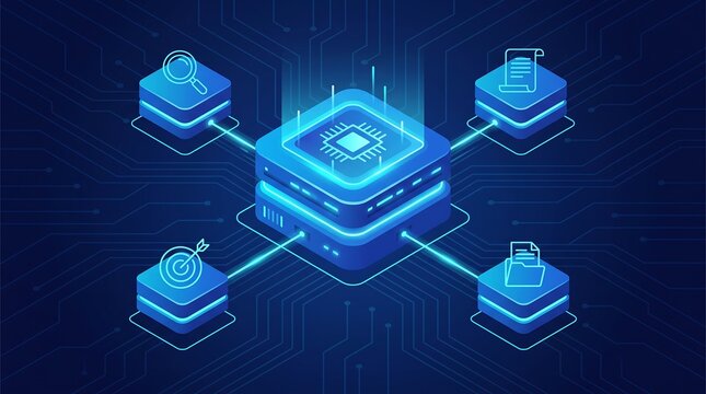 Futuristic isometric data processing unit, glowing blue central processor and server blocks, digital infrastructure and cloud computing network concept