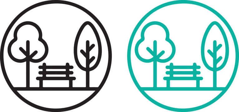 Minimal park bench icon with trees in circle