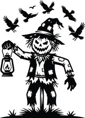 Fototapeta premium Scarecrow Witch with Jack-O'-Lantern and Black Crows Halloween Illustration Vector Art for Spooky Season Design