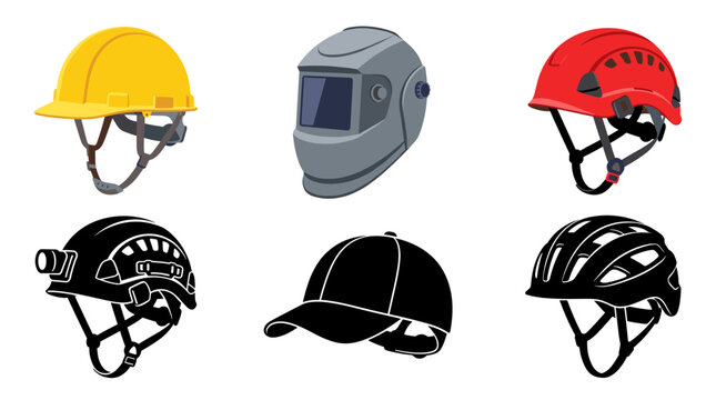 Vector collection featuring different safety helmets, hard hat, welding helmet, climbing helmet, rescue helmet, bump cap and ventilated safety helmet