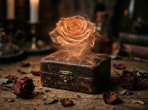 Magical glowing holographic rose hovering above an old vintage wooden jewelry box on a rustic table with dried flowers