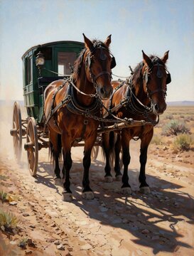 Two brown horses pull green carriage on dusty road. Daytime rural travel with wooden wheeled cart. Old fashioned transport moves through dry landscape.