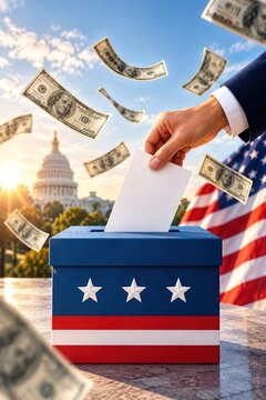 A hand casting a ballot into a U.S. ballot box with dollar bills flying; a concept representing political financing, economic power, and elections.