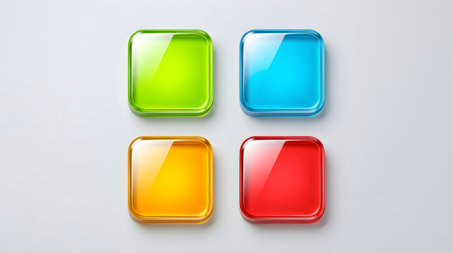 Four Glass Squares: Four vibrant, glossy glass squares in green, blue, yellow, and red arranged in a 2x2 grid on a neutral background, evoking modern design and digital interfaces.