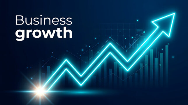 Neon Growth Chart: A luminous neon arrow charts an upward trajectory against a backdrop of digital bar graphs and glowing particles, symbolizing exponential business growth and progress.
